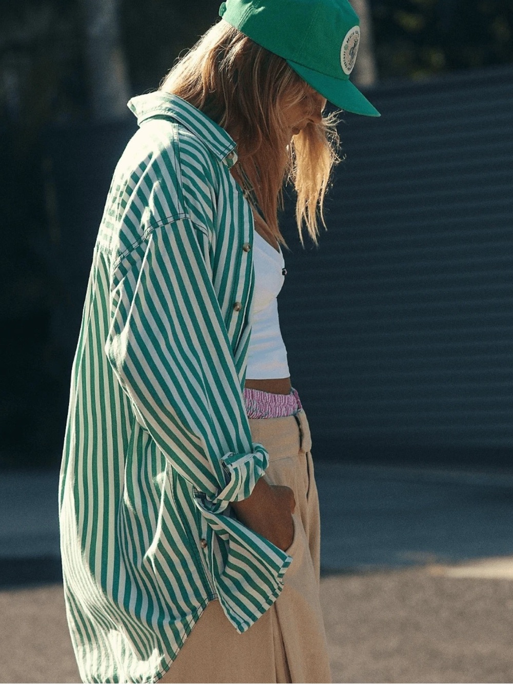 Free People We The Free Freddie Striped Shirt French Green Combo Large